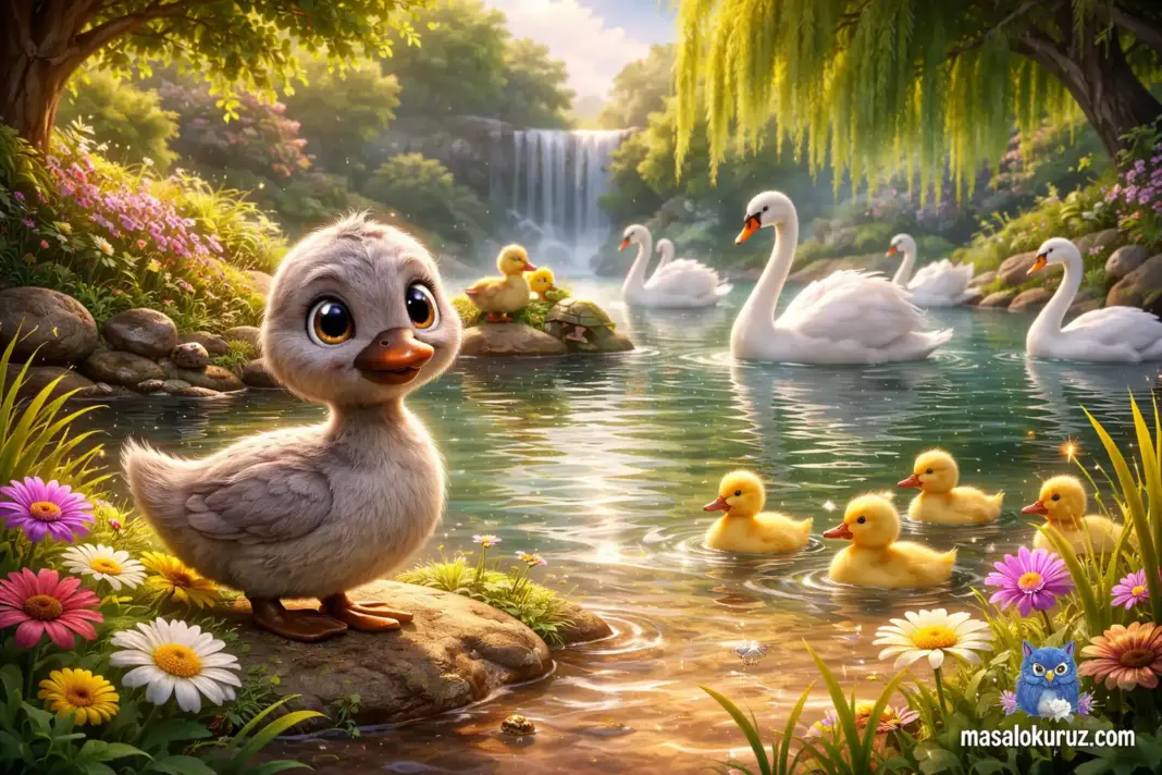 gölde yalnız duran gri ördek yavrusunun kuğuya dönüşümünü anlatan 3d animasyon masal görseli