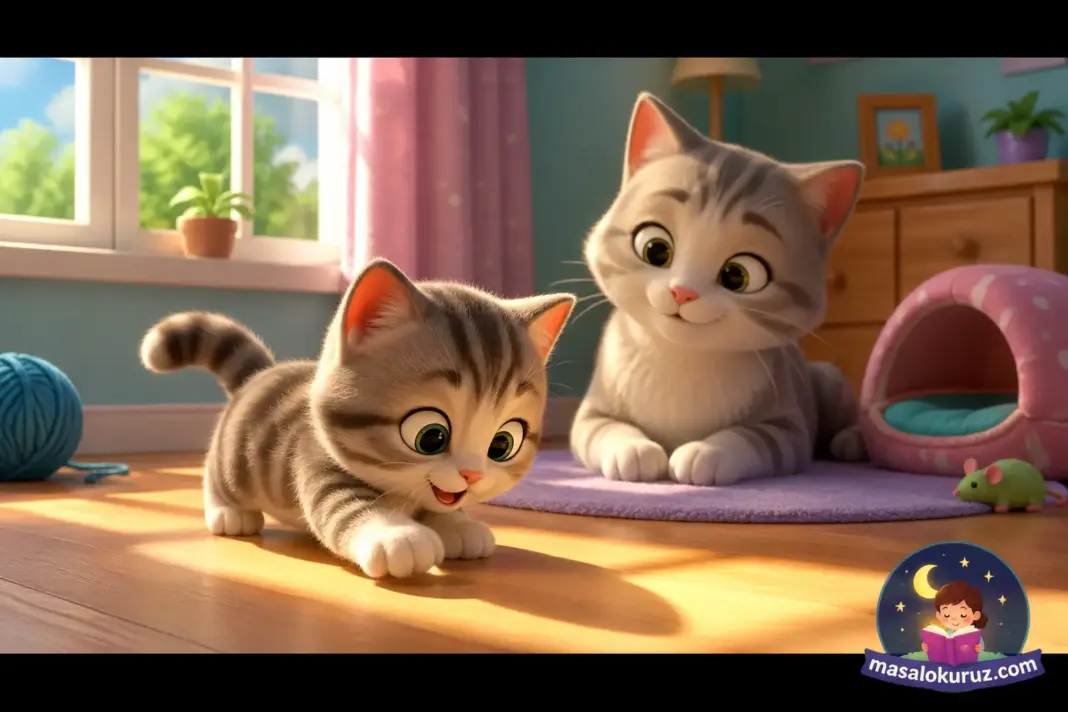 Güneşli odada yerdeki ışıkla oynayan sevimli yavru kedi ve onu izleyen anne kedi 3D animasyon sahnesi