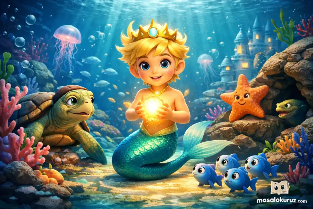Su altında parlayan ışık prensi Lio ve deniz canlılarıyla birlikte 3D animasyon masal sahnesi