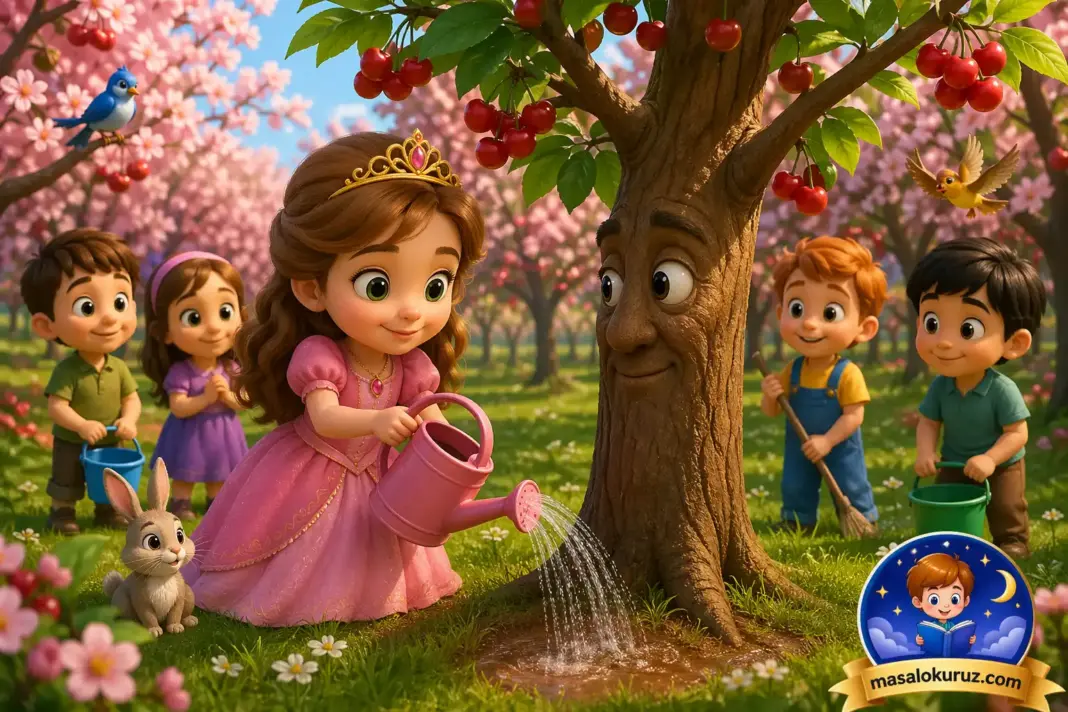 Kiraz bahçesinde ağaç sulayan küçük prenses ve çocukların yer aldığı 3D animasyon masal sahnesi