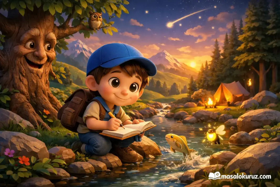 Mavi şapkalı küçük kaşif Aras’ın dere kenarında keşif yaptığı 3D animasyon çocuk masalı sahnesi