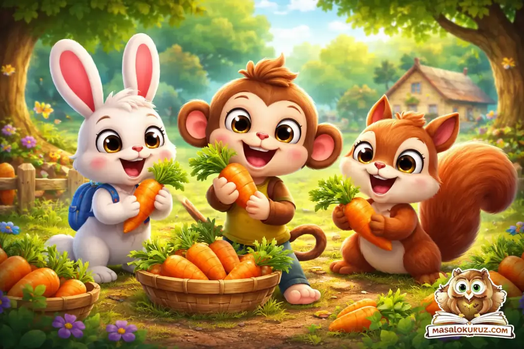 Üç haylaz arkadaş Mino maymun, Pati tavşan ve Zıpır sincap havuçlarla oynarken 3D animasyon masal görseli