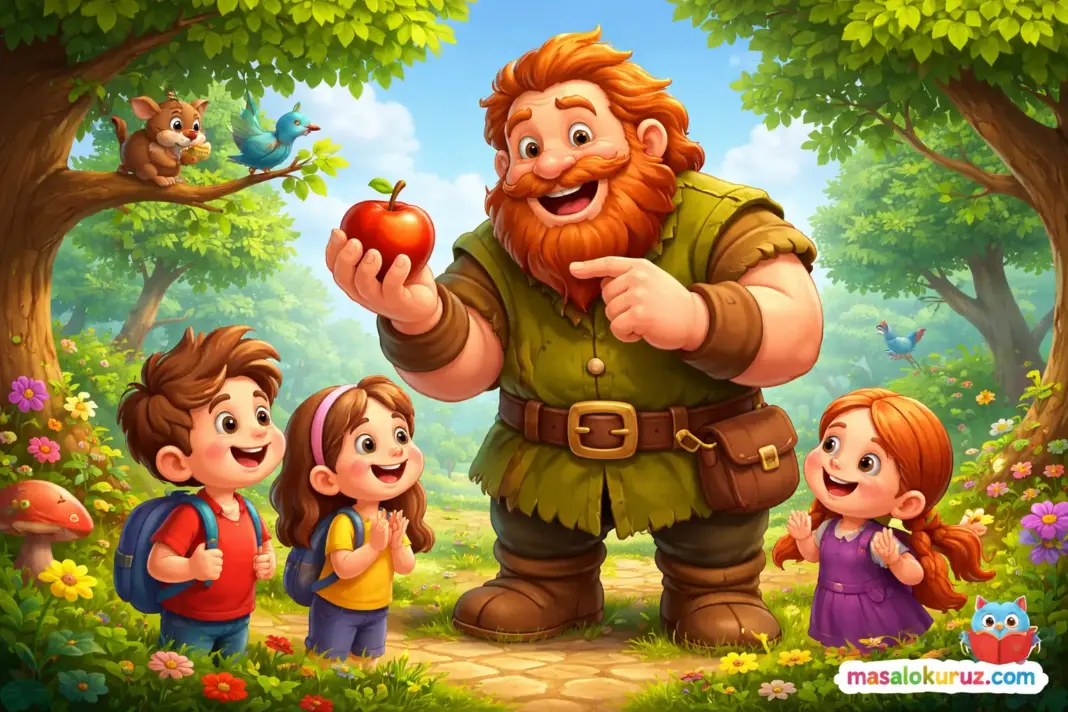 Ormanda çocuklarla konuşan ve elma tutan sevimli devin 3D animasyon masal görseli