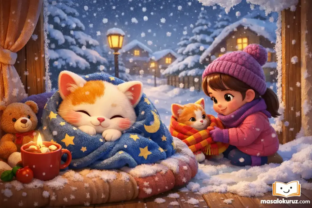 Minnoş kedicik kış günü pencerede otururken sıcacık battaniyeye sarılı, dışarıda kar yağan 3D animasyon sahnesi