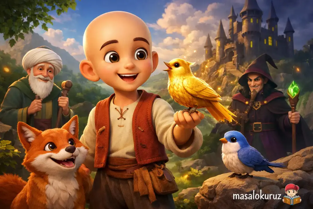 Keloğlan’ın Altın Bülbül ile birlikte olduğu, tilki ve kuşların eşlik ettiği 3D animasyon masal sahnesi