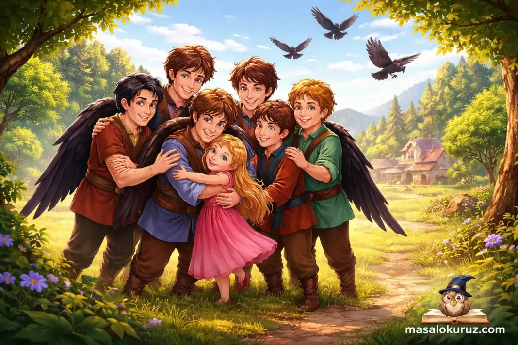 Yedi karga masalında kardeşlerin küçük kızla kavuşmasını anlatan 3D animasyon tarzı mutlu sahne