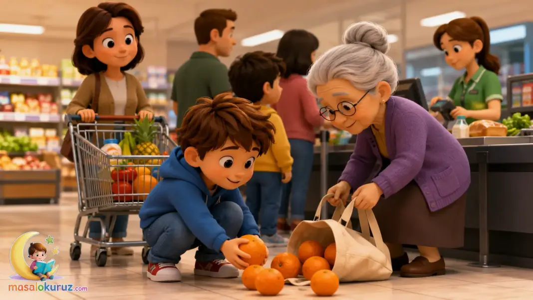 Markette yaşlı teyzeye yardım ederek sabrı öğrenen çocuğun 3D animasyon görseli