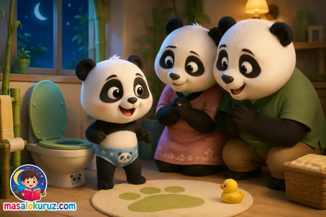 Tuvalet eğitimi öğrenen minik panda ve ailesini anlatan sıcak 3D animasyon çocuk masalı görseli