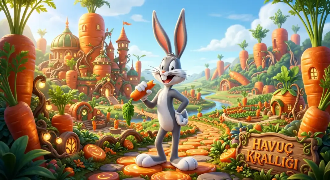 Bugs Bunny karakterinin Havuç Krallığı’nda çocuk tavşanlarla birlikte bulunduğu 3D animasyon tarzı eğitici çocuk masalı görseli.