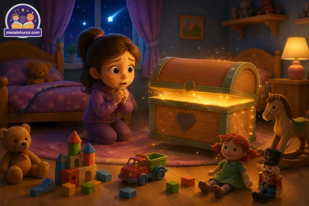 Oyuncak kutusunu bulan küçük kızın yer aldığı 3D animasyon tarzında eğitici çocuk masalı görseli.