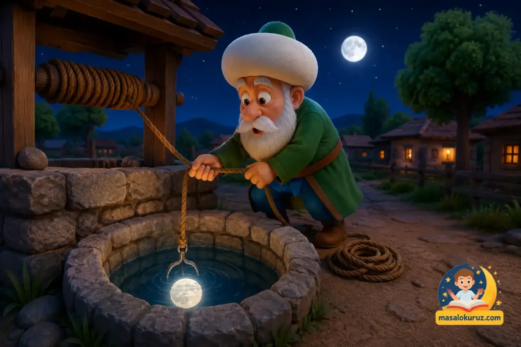 Nasrettin Hoca'nın kuyudaki ayın yansımasını kurtarmaya çalıştığı 3D animasyon tarzında eğitici çocuk masalı görseli.