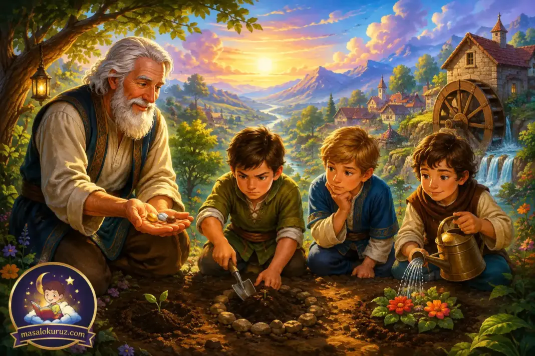 Knoist ile üç oğlunun üç farklı tohumu ekip sabır, sorumluluk ve yardımlaşmayı öğrendiği masalsı çocuk hikâyesi illüstrasyonu.