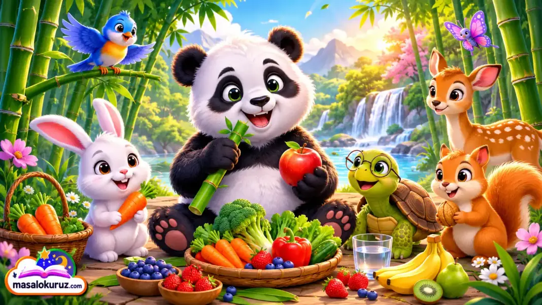 Bambu ormanında meyve ve sebzelerle sağlıklı beslenmeyi öğrenen sevimli panda ve hayvan dostlarını gösteren masalsı, fantastik çocuk masalı illüstrasyonu.