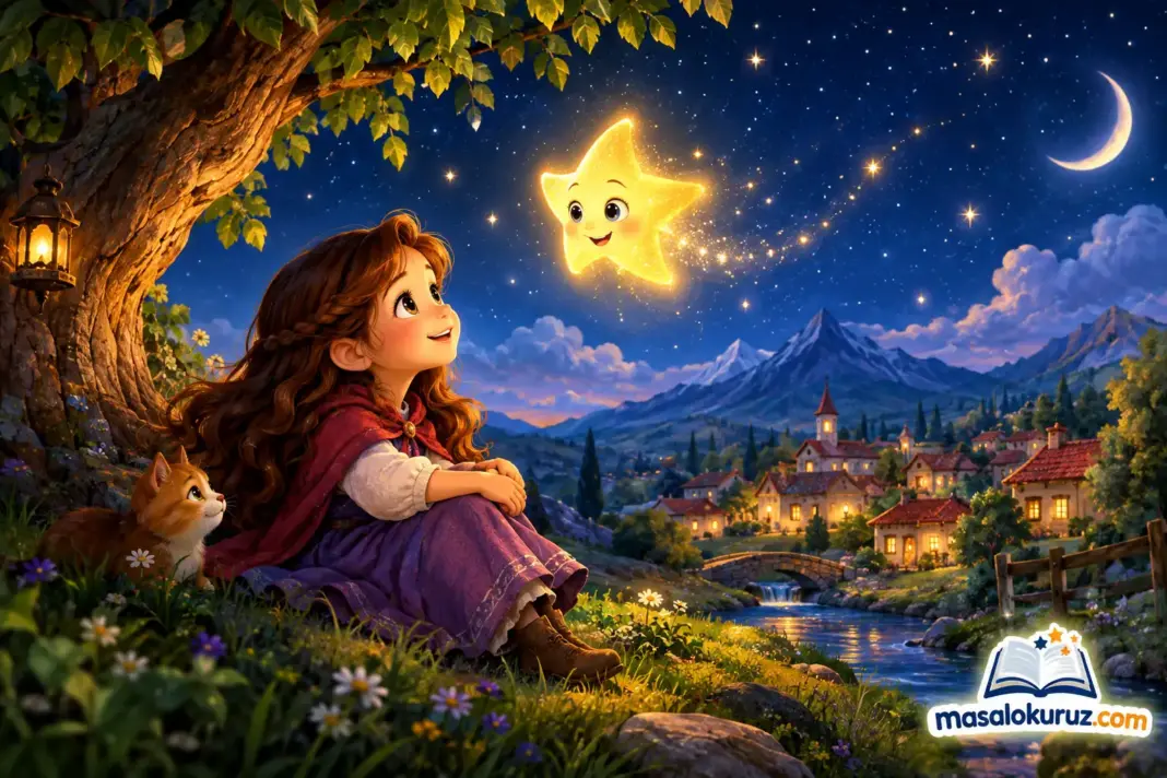 Yıldızlarla Konuşan Kız masalında, bir çocuğun yıldızlarla konuştuğu masalsı gece ve fantastik köy manzarası