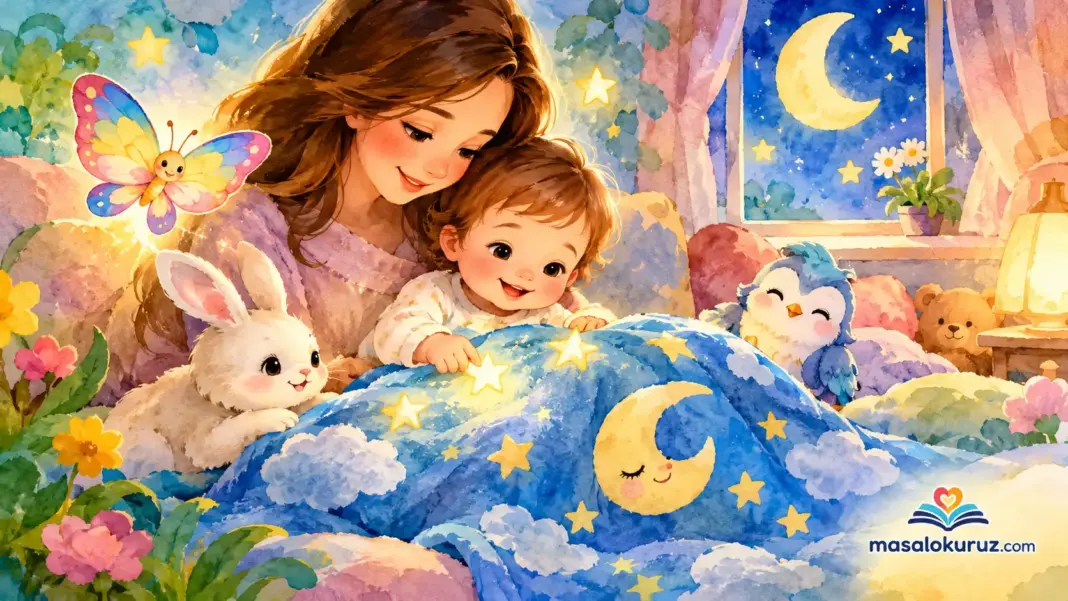 Sihirli Battaniye masalında yıldızlı mavi battaniyeye sarılan bebek, annesi, sevimli tavşan ve ay ışığında parlayan yıldızlar.