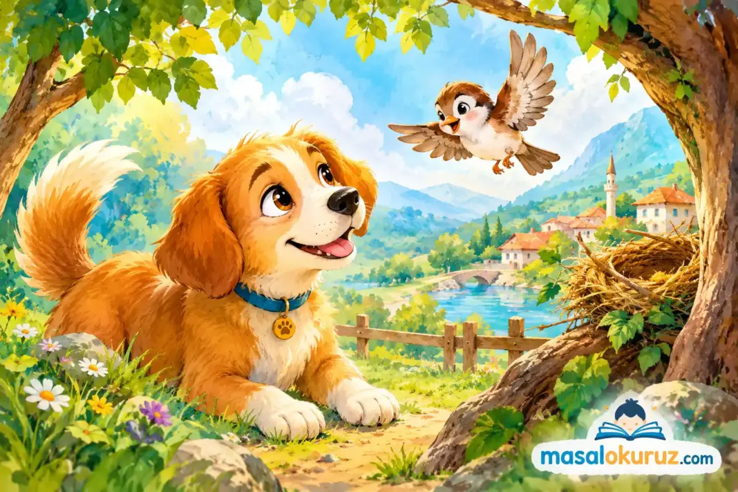 Köpek ile Serçe masalında, dostluk ve yardımlaşmayı anlatan sevimli köpek ile serçenin masalsı hikâyesini gösteren suluboya illüstrasyon.